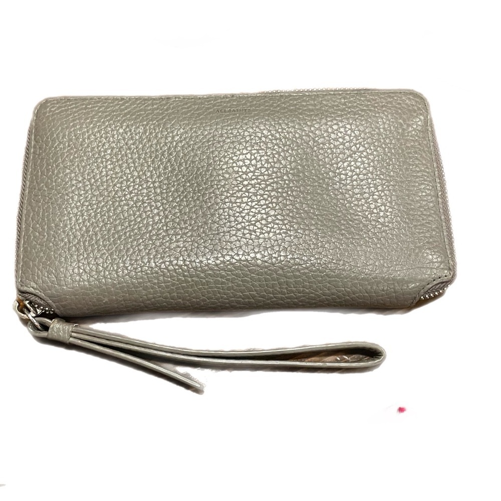 ALLSAINTS gray pebbled leather Long Wallet zippy with wristlet WLT2
